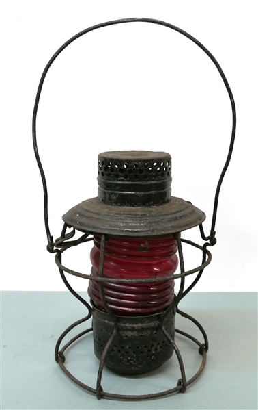 Handlan St. Louis Railroad Lantern with Red Globe - No Burner - Lantern Measures 10" Tall 
