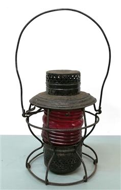 Handlan St. Louis Railroad Lantern with Red Globe - No Burner - Lantern Measures 10 Tall 