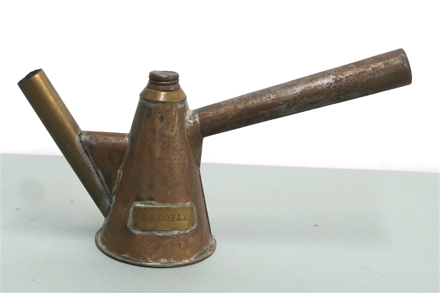 Primitive  Copper / Brass Torch / Lantern - Brass Tag on Front Stamped "T.B. Doyle" - Long Handled Torch with Screw Top - Cone Shaped Body Measures 7" Tall Flame to Handle Measures 13" 