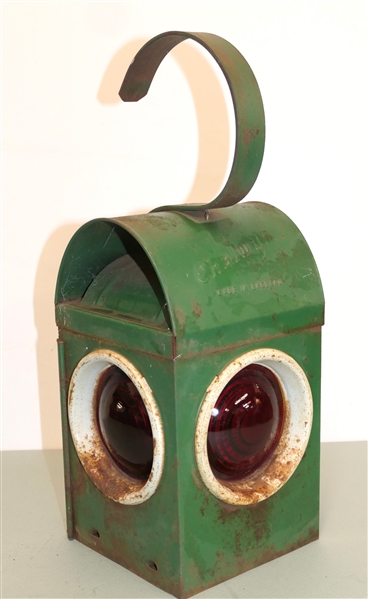 Chalwyn Railroad Lantern - Made in England - 3 Red Glass Lenses - Chalwyn Burner Inside - Lantern Measures 10" Tall 5 1/2" by 5 1/2"