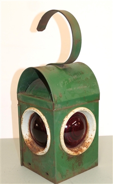 Chalwyn Railroad Lantern - Made in England - 3 Red Glass Lenses - Chalwyn Burner Inside - Lantern Measures 10 Tall 5 1/2 by 5 1/2