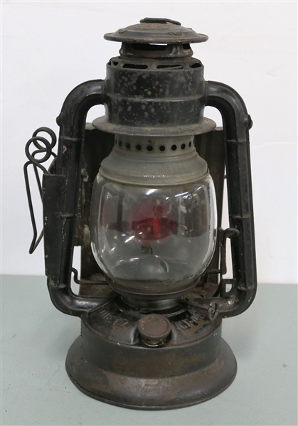Dietz NY - USA - Roadster Wagon Lantern - Red Lens, Clear Glass Globe, with Burner - Lantern Measures 11 1/2" Tall 