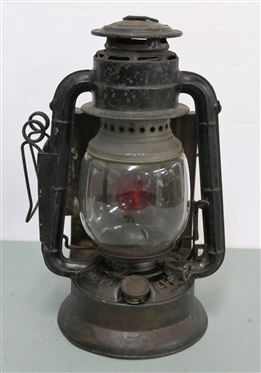 Dietz NY - USA - Roadster Wagon Lantern - Red Lens, Clear Glass Globe, with Burner - Lantern Measures 11 1/2 Tall 