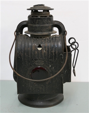 Dietz NY - USA - Roadster Wagon Lantern - Red Lens, Clear Glass Globe, with Burner - Lantern Measures 11 1/2 Tall 
