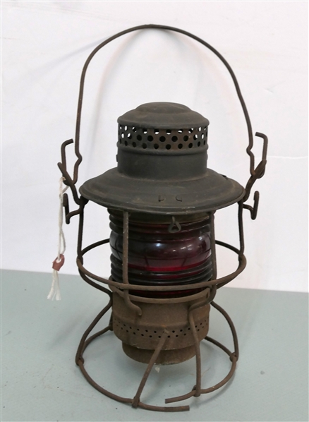 The Adams & Westlake Co. N.K.P. - Nickel Plate Road - Lantern with Red Globe - Missing Burner - Bottom of Stand is Broken - Lantern is 10" Tall 