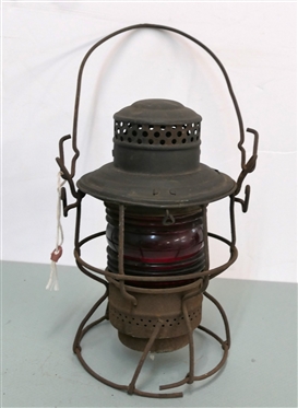 The Adams & Westlake Co. N.K.P. - Nickel Plate Road - Lantern with Red Globe - Missing Burner - Bottom of Stand is Broken - Lantern is 10 Tall 