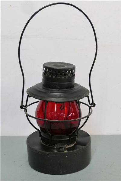 Handlan St. Louis Railroad Lantern with Red Handlan St. Louis Embossed Globe - Lantern Measures 10 1/2" Tall 