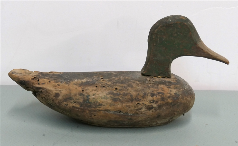 Early Wooden Duck Decoy with Green Painted Head - "B" Carved into Underside - Duck Measures 7 1/2" Tall 14" Beak to Tail 