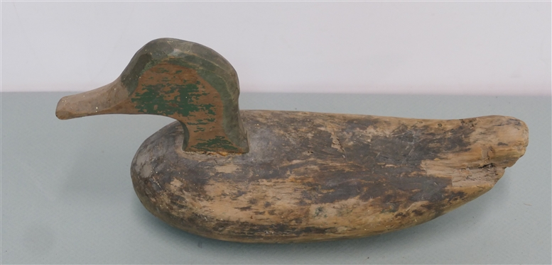 Early Wooden Duck Decoy with Green Painted Head - B Carved into Underside - Duck Measures 7 1/2 Tall 14 Beak to Tail 