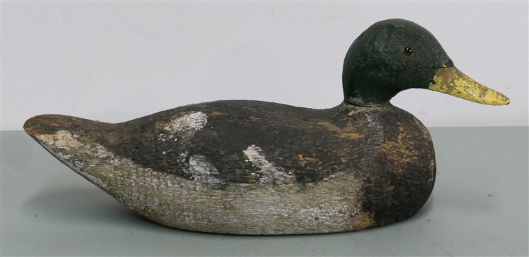 Hand Carved and Painted Duck Decoy, Green Head with Glass Eyes - Duck Measures 6 1/2 Tall 16 Beak to Tail 