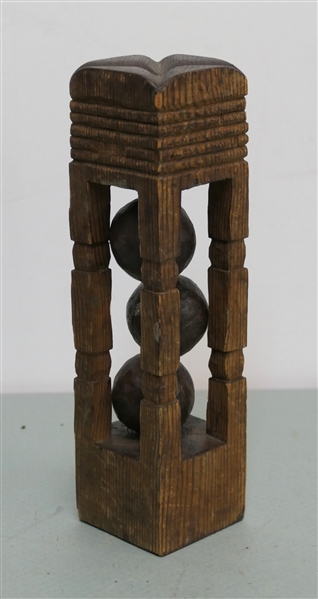 Hand Carved Wooden Folk Art Ball Cage - Cage Measures 7 1/2" Tall 2" by 2" 