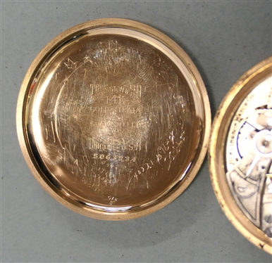 Burlington Watch Co. 21 Jewel Railroad Pocket Watch - in Burlington 14kt Gold Strata Watch Case - Watch Measures 2 Across