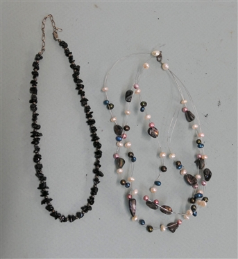 Pearl Illusion Necklace and Natural Stone Beaded Necklace with Silver Spacers - Stone Necklace Measures 17 Long 