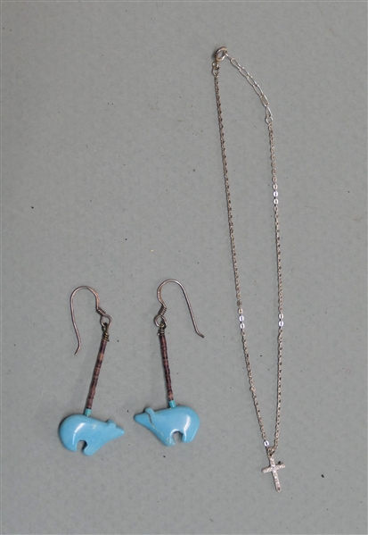 Pair of Native American Earrings with Turquoise Bears Hand Beaded with Sterling Silver Earring Hooks and Sterling Silver Cross Anklet - Measuring 10"