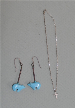 Pair of Native American Earrings with Turquoise Bears Hand Beaded with Sterling Silver Earring Hooks and Sterling Silver Cross Anklet - Measuring 10