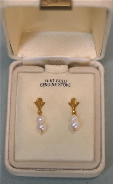 14kt Yellow Gold Pearl Drop Earrings - New in Original Box - Sarde'' Brand - Each Drop Earring Measures 1/2 Long 