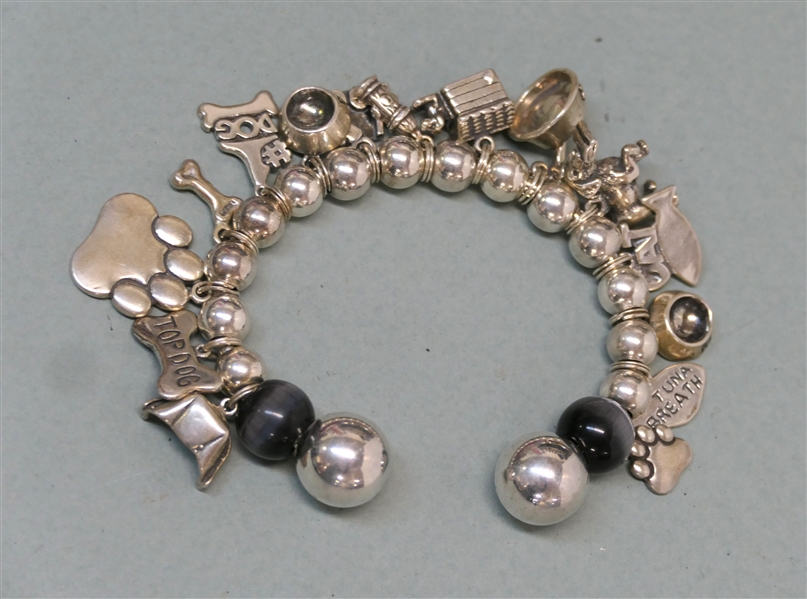 Sterling Silver Cuff Charm Bracelet with Pet Related Charms - Dog Paws, Bones, Bowls, Fish, Kitty Bowl, Etc.