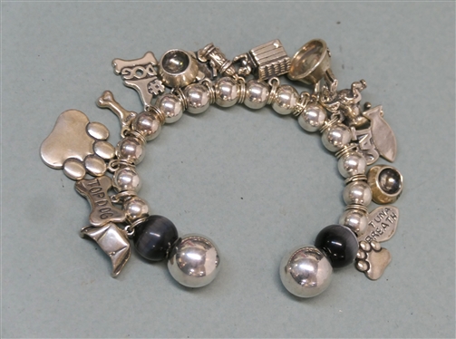 Sterling Silver Cuff Charm Bracelet with Pet Related Charms - Dog Paws, Bones, Bowls, Fish, Kitty Bowl, Etc.