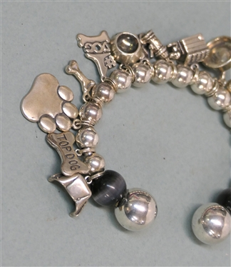 Sterling Silver Cuff Charm Bracelet with Pet Related Charms - Dog Paws, Bones, Bowls, Fish, Kitty Bowl, Etc.