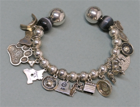 Sterling Silver Cuff Charm Bracelet with Pet Related Charms - Dog Paws, Bones, Bowls, Fish, Kitty Bowl, Etc.