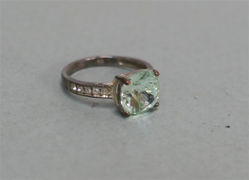 Sterling Silver Ring with Light Mint Green Center Stone with CZ Accents Around Band - Ring Size 7 