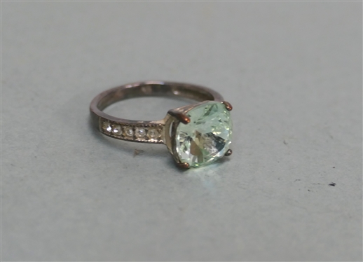 Sterling Silver Ring with Light Mint Green Center Stone with CZ Accents Around Band - Ring Size 7 