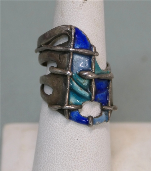 Unusual Sterling Silver Enameled Ring  -Abstract Design - Size 6