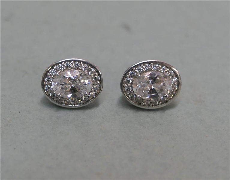 Pair of Pretty Sterling Silver Oval Stud Earrings - Clear Center Stones with CZ Halos - Earrings Measure 3/8" 