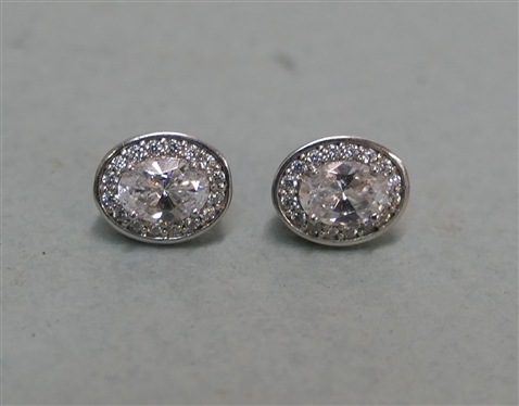 Pair of Pretty Sterling Silver Oval Stud Earrings - Clear Center Stones with CZ Halos - Earrings Measure 3/8 