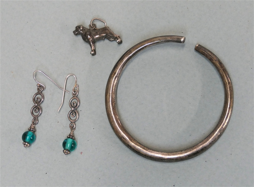 Sterling Silver Bracelet, Drop Earrings, and Dog Charm - Bracelet is Flexible and  Fits Small Wrist - Dog Measures 7/8" Long 