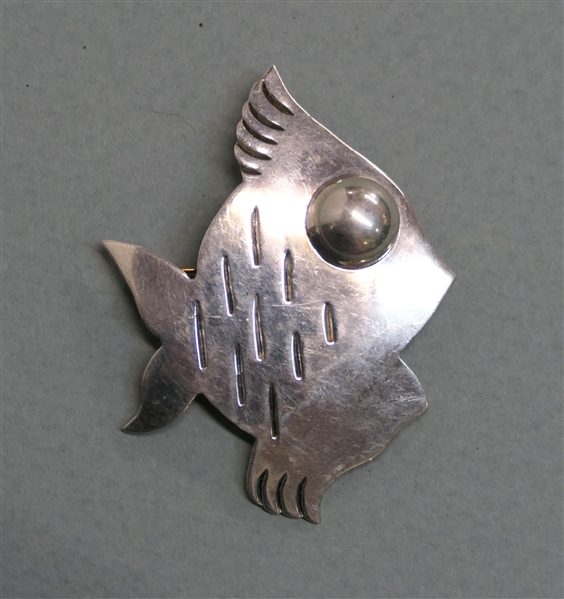 Mexican Sterling Silver Fish Pin / Brooch - Marked 925 Mex - Fish Measures 2 1/2" Tall 2" Wide