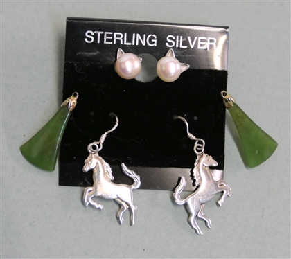 2 Pairs of Sterling Silver Earrings - Rearing Horses and Pearl Cats and Pair of Jade Enhancers - Horses Are 1 Long