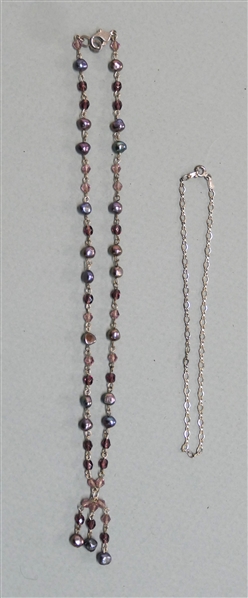 Sterling Silver Anklet and Sterling Silver Necklace with Purple, Pink, and Mauve Beads and Iridized Black Pearls - Anklet is 10" Lon g