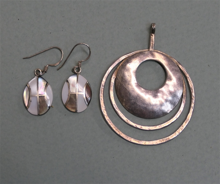 Israel Sterling Silver Circle Pendant and Sterling Silver Inlaid Oval Drop Earrings - Pendant Measures 2 1/4" Long