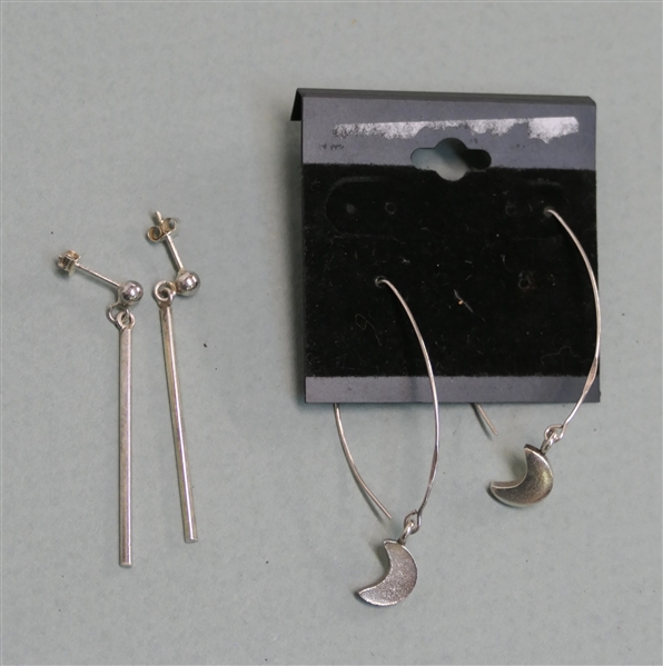 2 Pairs of Sterling Silver Earrings - Long Earwires with Moon Charms and Long Rectangles - Long Rectangles Measure 1 3/4" Long