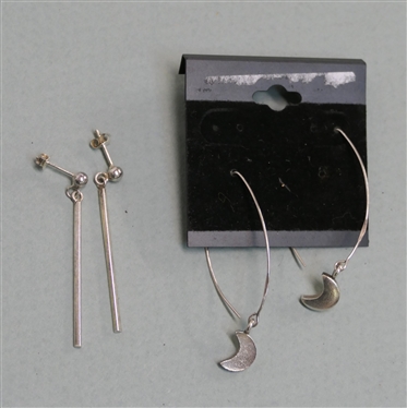 2 Pairs of Sterling Silver Earrings - Long Earwires with Moon Charms and Long Rectangles - Long Rectangles Measure 1 3/4 Long