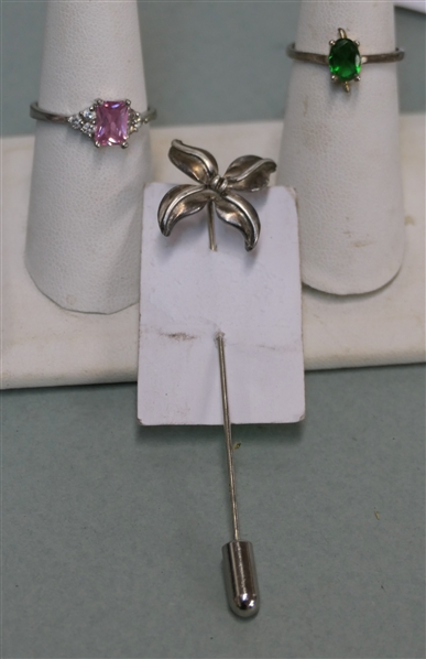 2 Dainty Sterling Silver Rings - Pink Stone and Green Stone and Sterling Silver Flower Stick Pin - Rings Size 7 