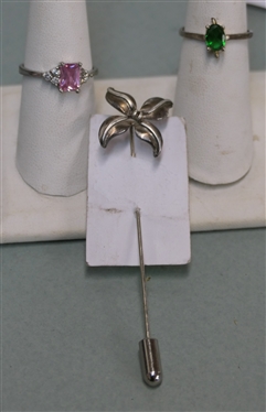 2 Dainty Sterling Silver Rings - Pink Stone and Green Stone and Sterling Silver Flower Stick Pin - Rings Size 7 