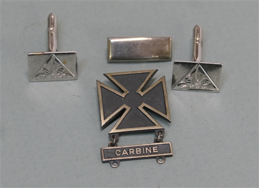 Pair of Sterling Silver Cuff Links, Sterling Silver Military Carbine Pin / Medal, and Other Uniform Bar Pin 
