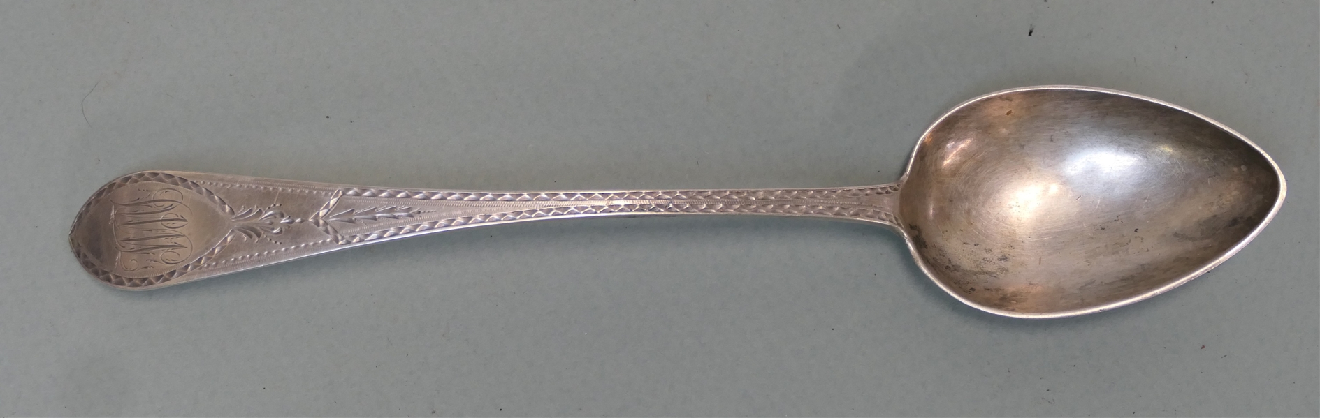 A. Simmons Coin Silver Serving Spoon Marked "A Simmons" Twice on Back of Handle - Hand Engraved and Monogrammed - Anthony Simmons - Philadelphia Silversmith  (1798-1808) - Spoon Measures 9" Long