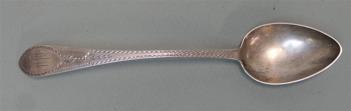 A. Simmons Coin Silver Serving Spoon Marked A Simmons Twice on Back of Handle - Hand Engraved and Monogrammed - Anthony Simmons - Philadelphia Silversmith  (1798-1808) - Spoon Measures 9 Long