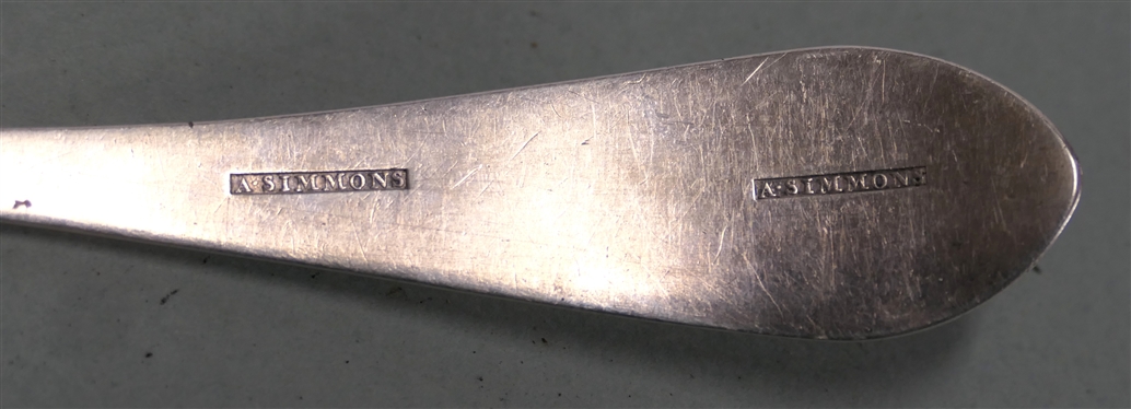 A. Simmons Coin Silver Serving Spoon Marked A Simmons Twice on Back of Handle - Hand Engraved and Monogrammed - Anthony Simmons - Philadelphia Silversmith  (1798-1808) - Spoon Measures 9 Long