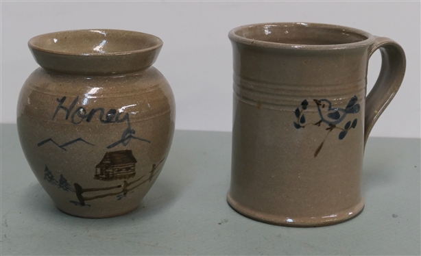 2 Piece of Jugtown - North Carolina Pottery - 1982 Mug with Blue Bird and 1982 Honey Pot - Mug is 4 3/4 Tall 