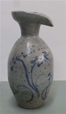 Heavy Studio Art Pottery Pitcher Vase - Light Gray Glaze with Blue Decoration - Piece Measures 11 1/2 Tall 
