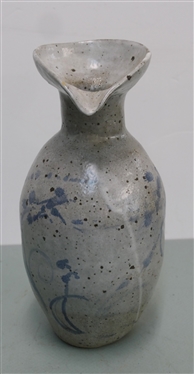 Heavy Studio Art Pottery Pitcher Vase - Light Gray Glaze with Blue Decoration - Piece Measures 11 1/2 Tall 