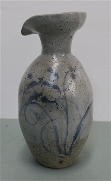 Heavy Studio Art Pottery Pitcher Vase - Light Gray Glaze with Blue Decoration - Piece Measures 11 1/2 Tall 