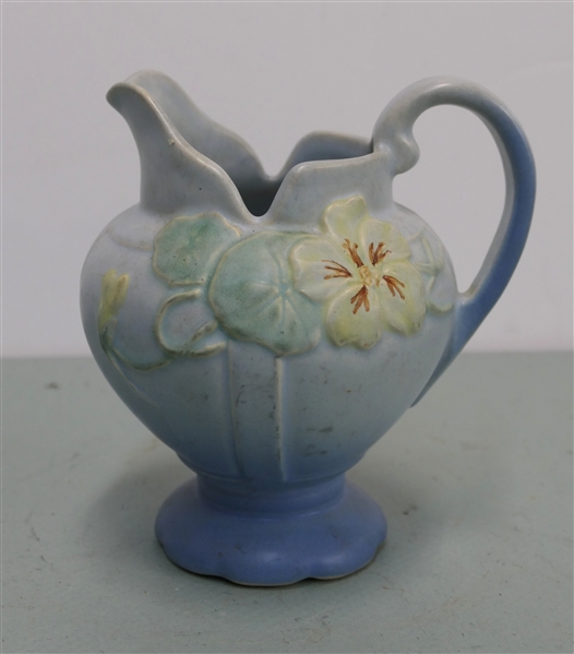 Signed Weller - Art Pottery Pitcher Panella Nasturtium - Light Blue - Pitcher Measures 7" Tall 6" Wide