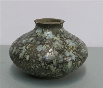 Unusual Studio Art Pottery Vessel Signed G.T. A17 - Dated 1974 -Turquoise and Green Glaze  Vase Measures 5 Tall 8 Across 