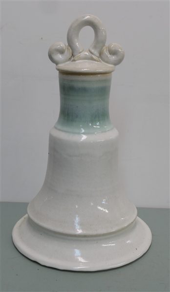 Unusual Large Darnton Art Pottery Vessel - White Glaze with Green Banding - Removable Lid - Signed on Bottom - Pottery Piece Measures 18 1/4" Tall 
