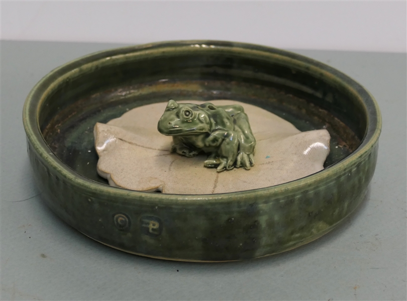 2 Pieces of Asian Art Pottery - Green Low Bowl and Green Frog on Lilly Pad - Both Stamped by Maker - Bowl Measures 2" Deep 8" Across